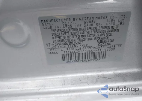 2021 Nissan Versa S Xtronic Cvt z USA, uszkodzony, nr VIN 3N1CN8DV8ML855527